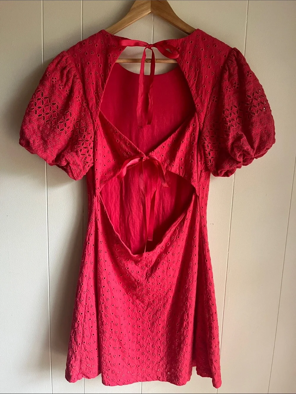 Free People Apricot Rose Watermelon Spritz Eyelet Puff-Sleeve Mini Dress Sz M